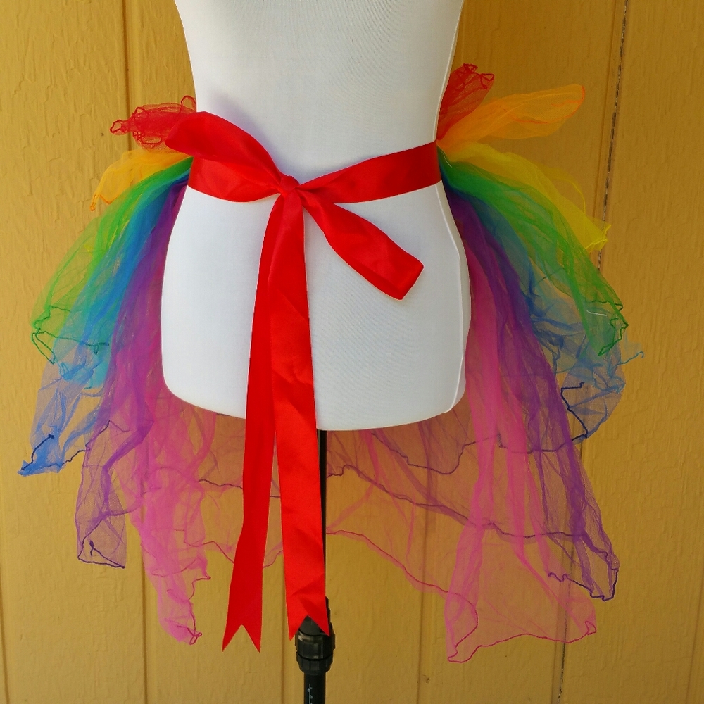 Organza rainbow bustle with red satin ribbon tie